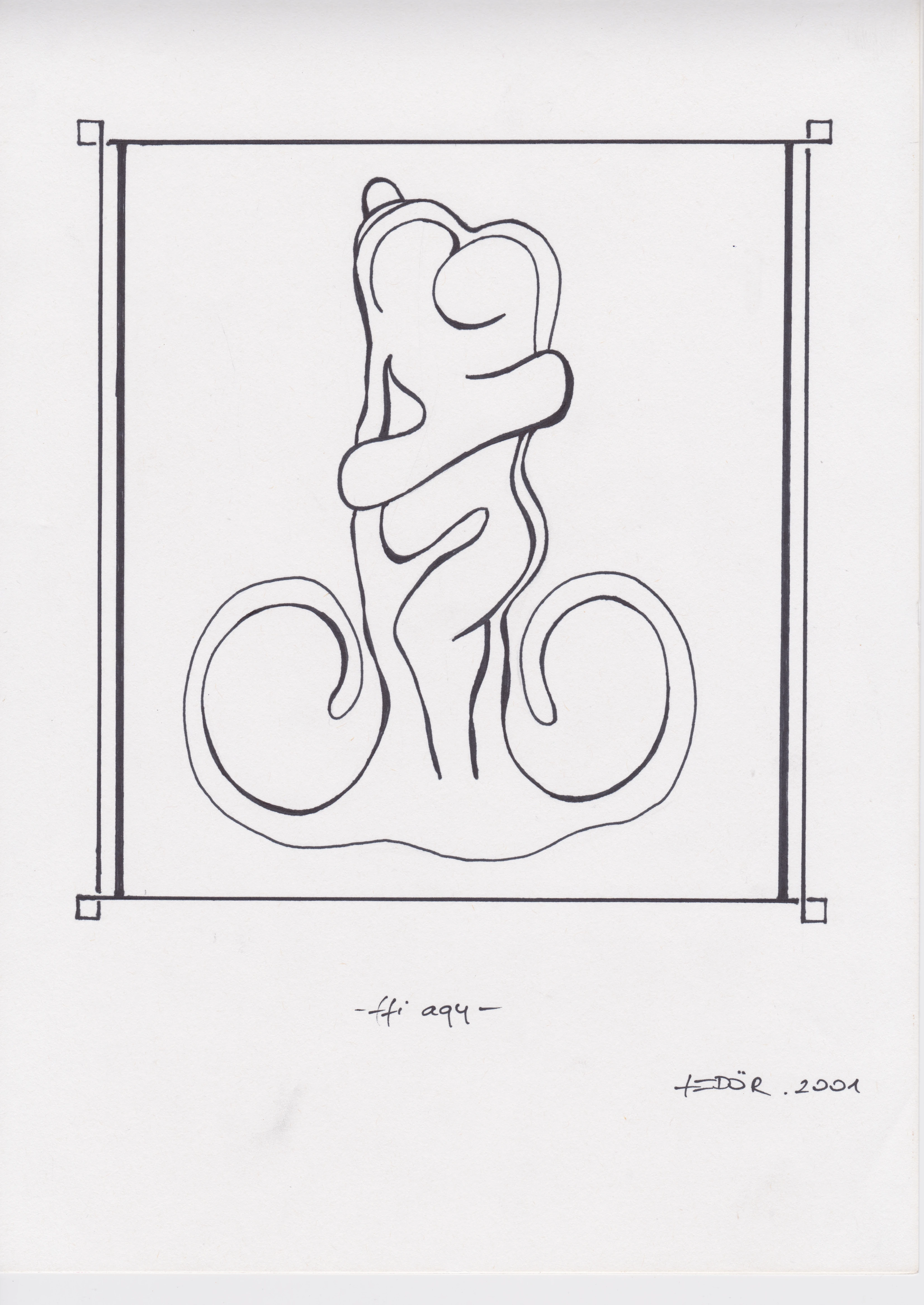 Abstract line drawing with swirling shapes and intricate designs in black ink, framed and hanging on a striped wall. The drawing in the middle looks like two people hugging each other and also connecting with a penis-like shape in the center. The whole drawing also resembles an erect penis with the two testicles on the side.