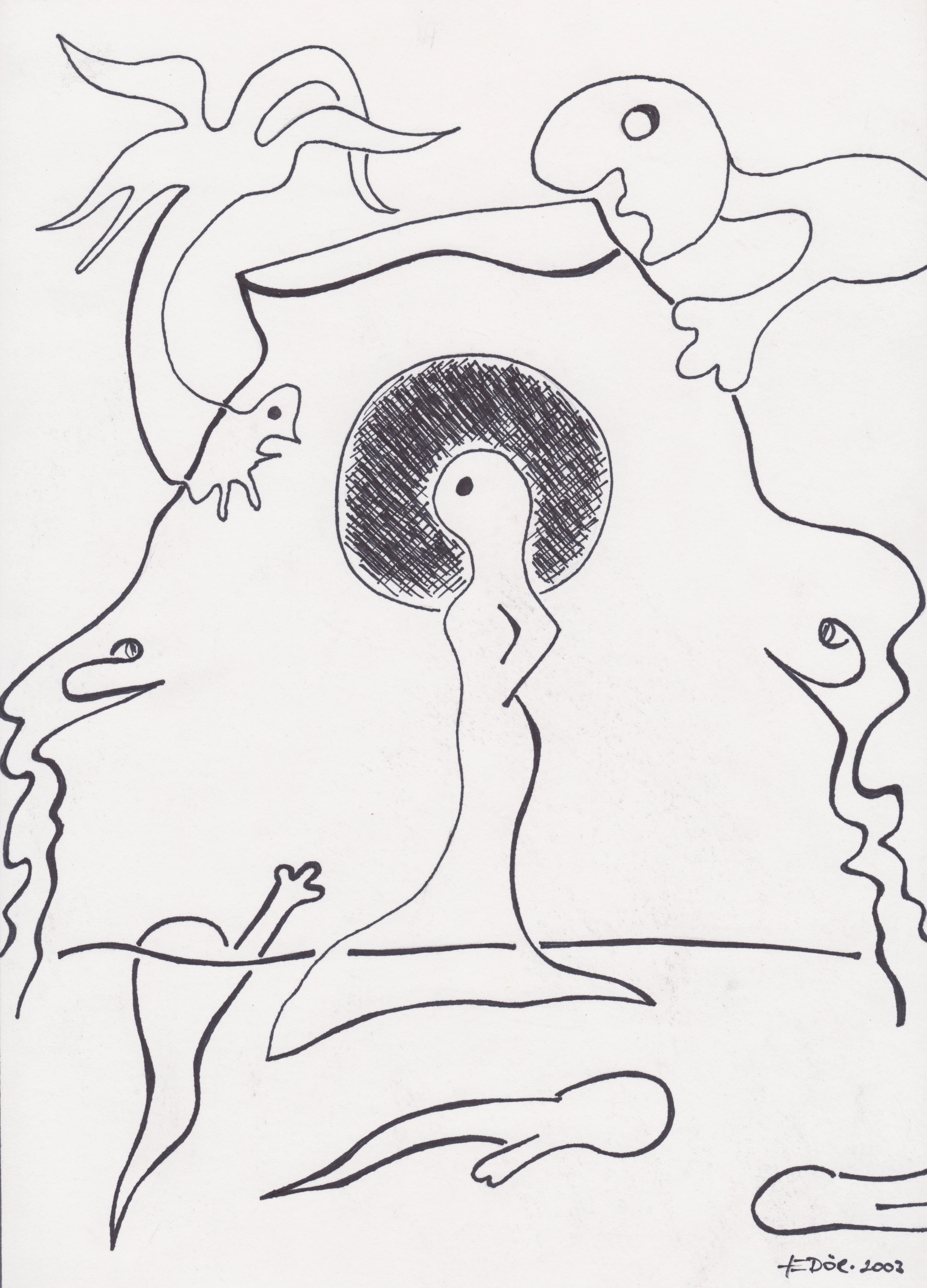 Abstract line drawing with swirling shapes and intricate designs in black ink, framed and hanging on a striped wall. In the center is a female character who has a fish tail, giving the impression that she is a mermaid. Her tail is submerged in water. Behind her head is a mountain. Surrounding her, we see characters reaching out to her.