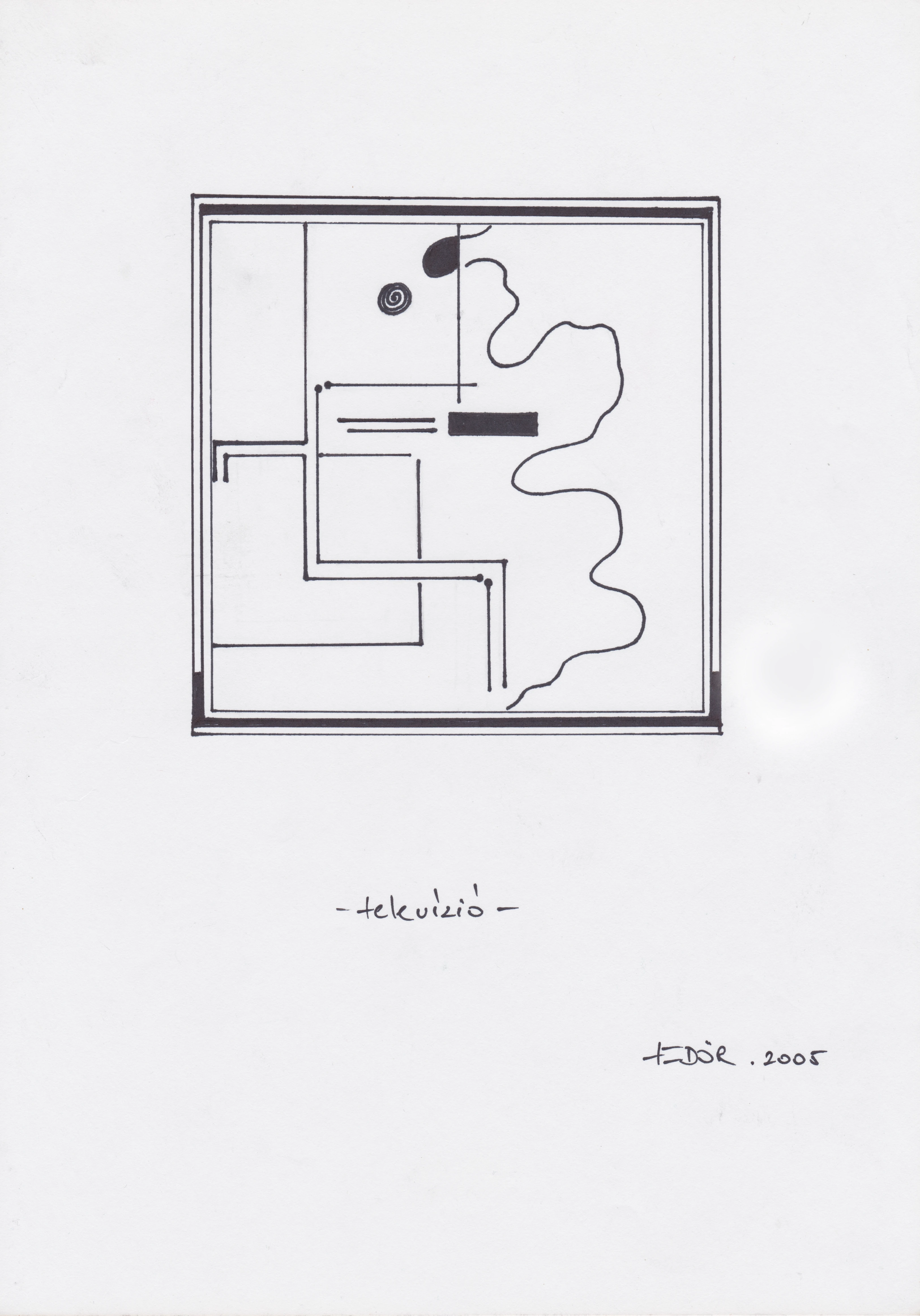 The photo shows a framed piece of modern abstract art. The artwork, in black ink, features an abstract geometric design with lines, shapes, and a wavy line. The style is minimalist.