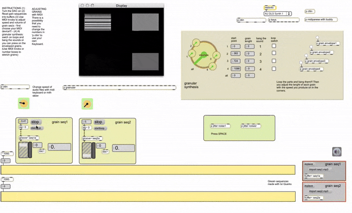 A software interface with various control panels, sliders, buttons, and text instructions for granular synthesis and visual display settings.