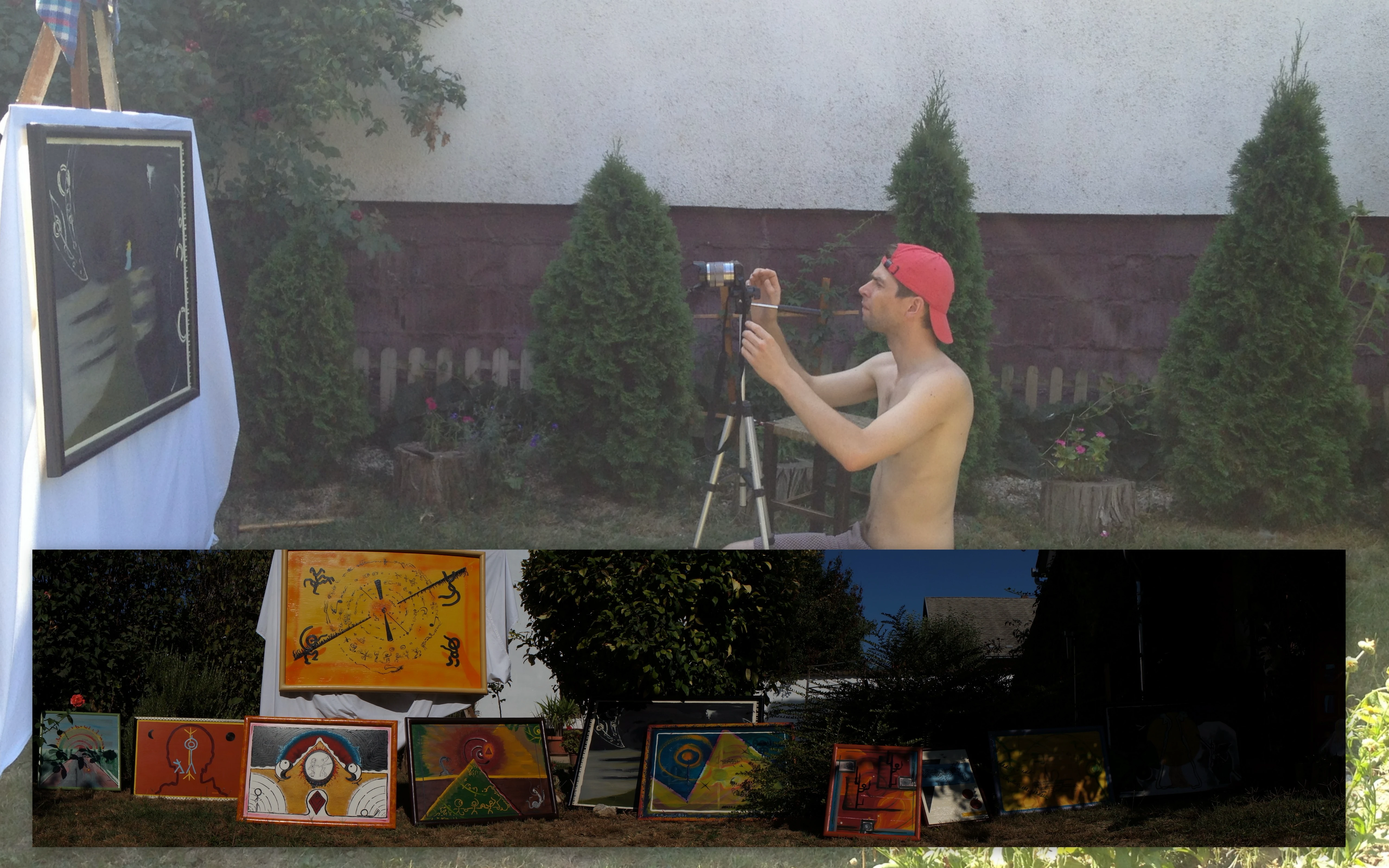 I am photographing my paintings displayed in my mum's garden, surrounded by greenery and natural light.
