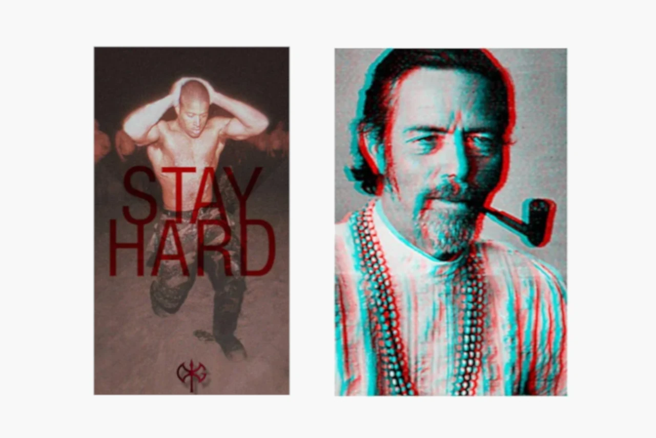 David Googins half naked with a muscles (left) and Alan Watts smoking a pipe and smiling (right).