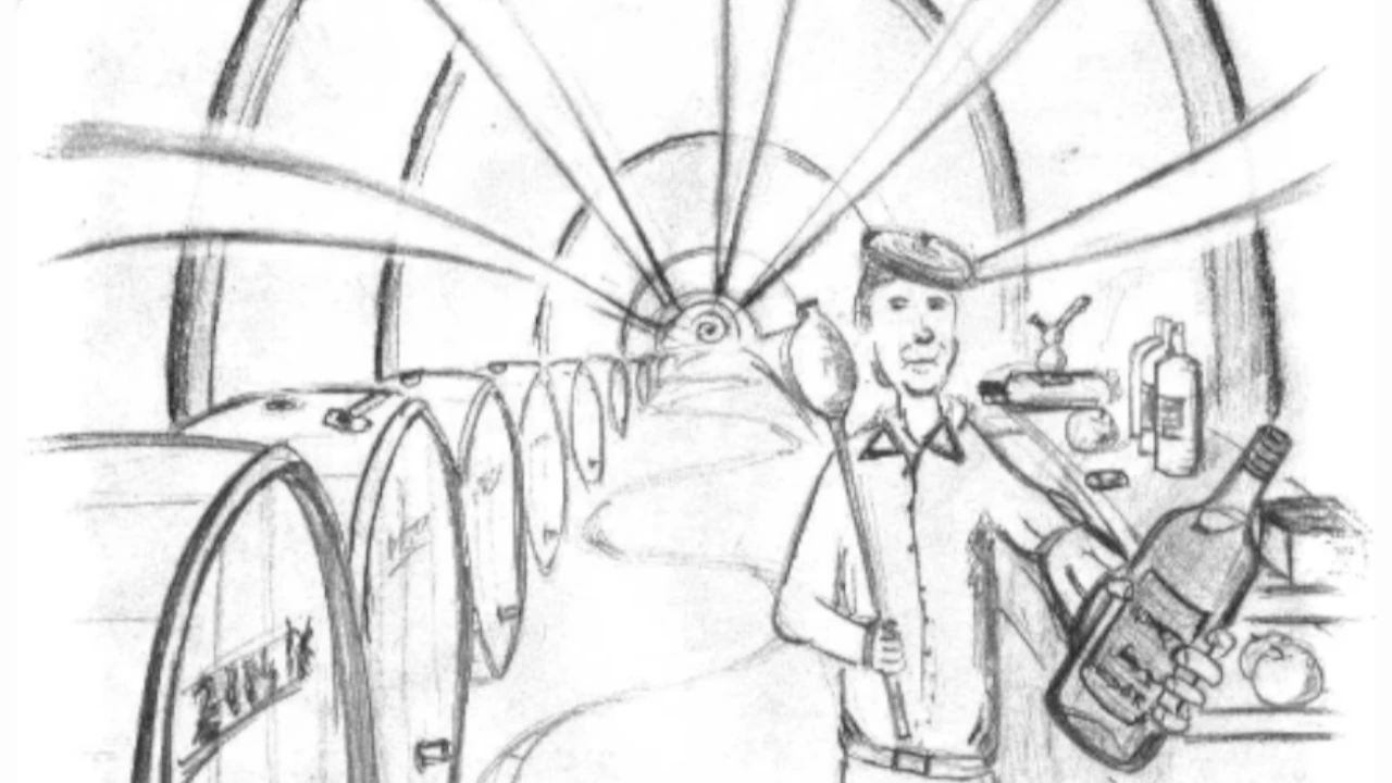 My drawing of Grandad standing next to wine barrels in his cellar.